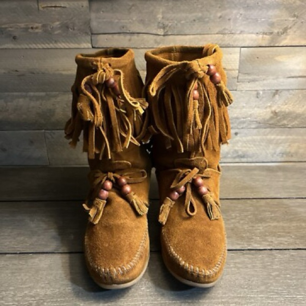 Minnetonka Fringe Suede Boots - Brown